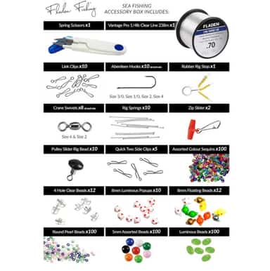 Fladen tackle box contents including hooks, swivels, beads and clips