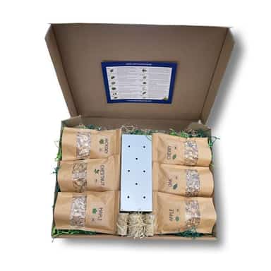 Deluxe BBQ smoker box gift set from Down The Cove with six woods and firelighters