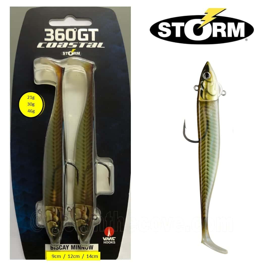 Storm 360GT Coastal Biscay Minnow pack of two natural-coloured sandeel lures in 9cm, 12cm and 14cm sizes, beside a single lure