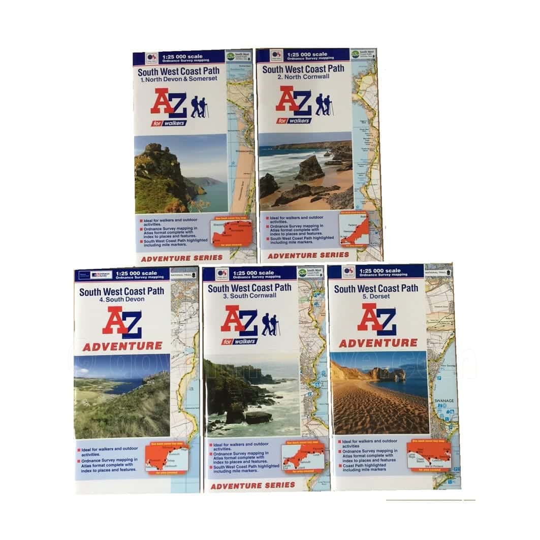 Five A-Z Adventure Series South West Coast Path maps from North Devon and Somerset to Dorset, laid out in a row