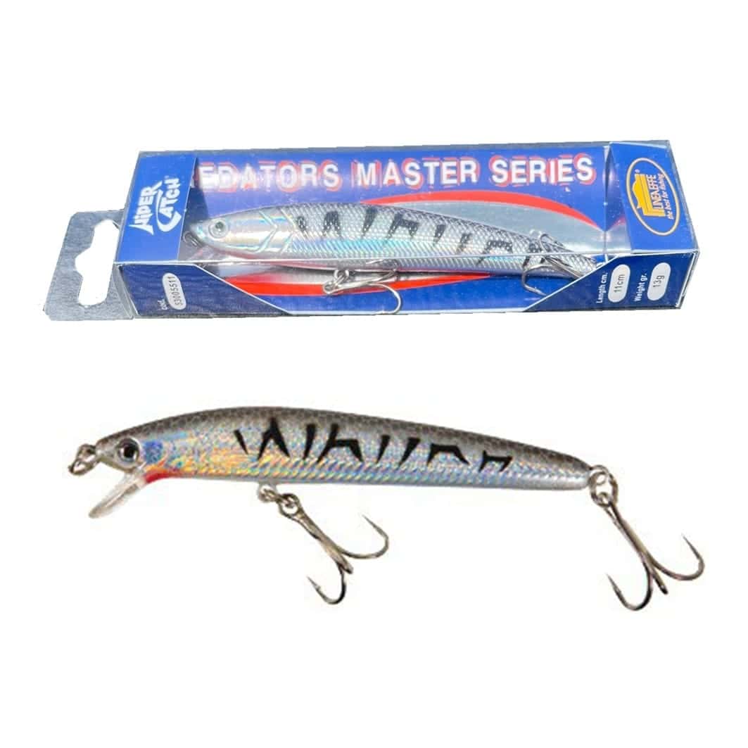 Lineaeffe Crystal Minnow 11cm predator lure in silver with a dark pattern and treble hooks, beside its box