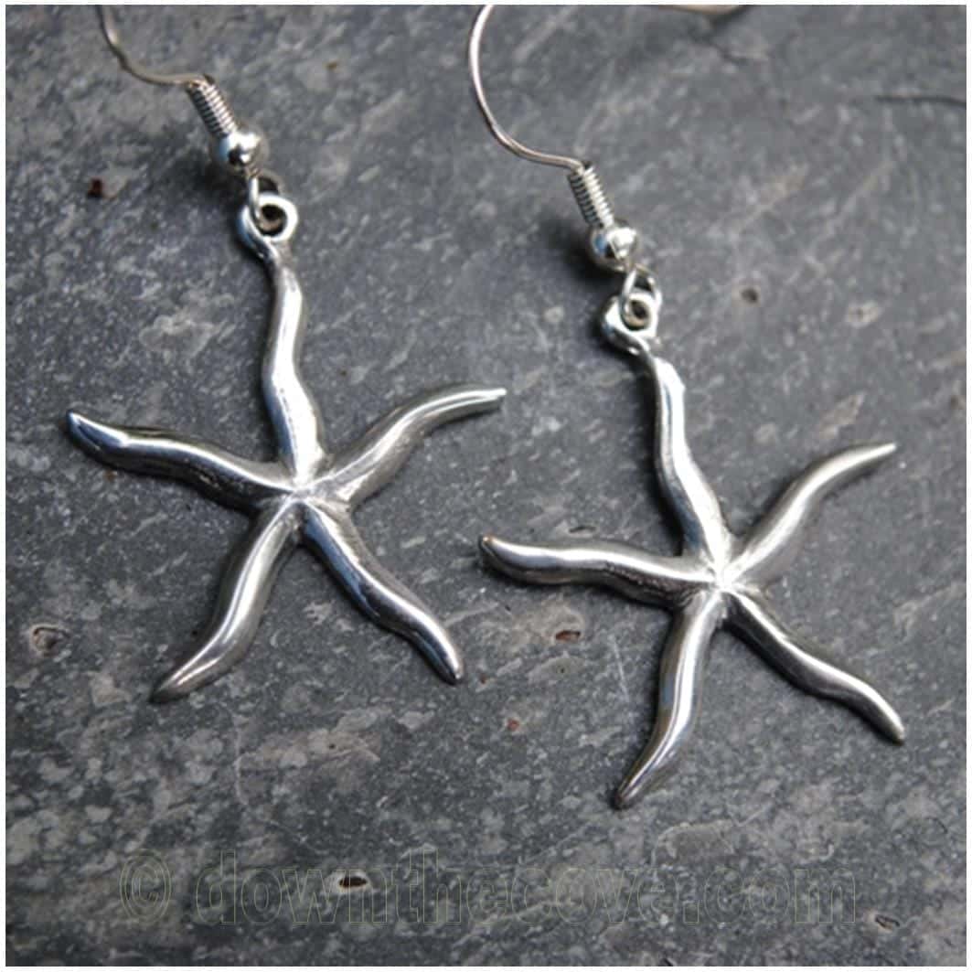 Cornish Starfish Drop Earrings Polished Pewter image 1