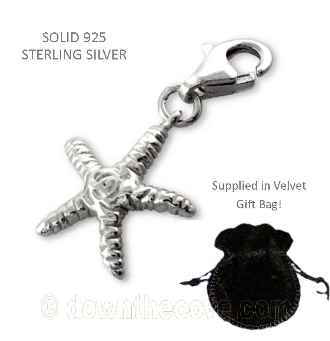 Silver starfish charm 14mm with textured arms on a lobster clasp, shown with its black velvet gift bag