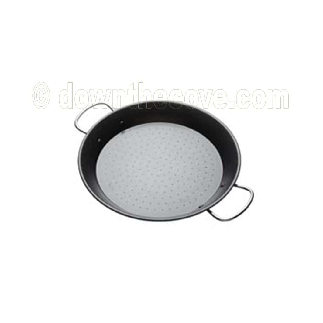 KitchenCraft 32cm non-stick paella pan with black sides, a dimpled base and two steel side handles