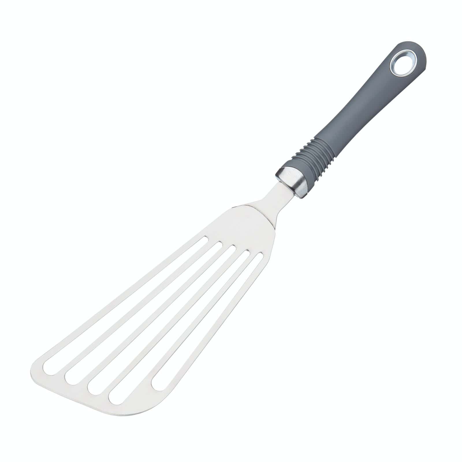 Kitchen Craft soft grip stainless steel slotted fish slice with grey handle and hanging loop