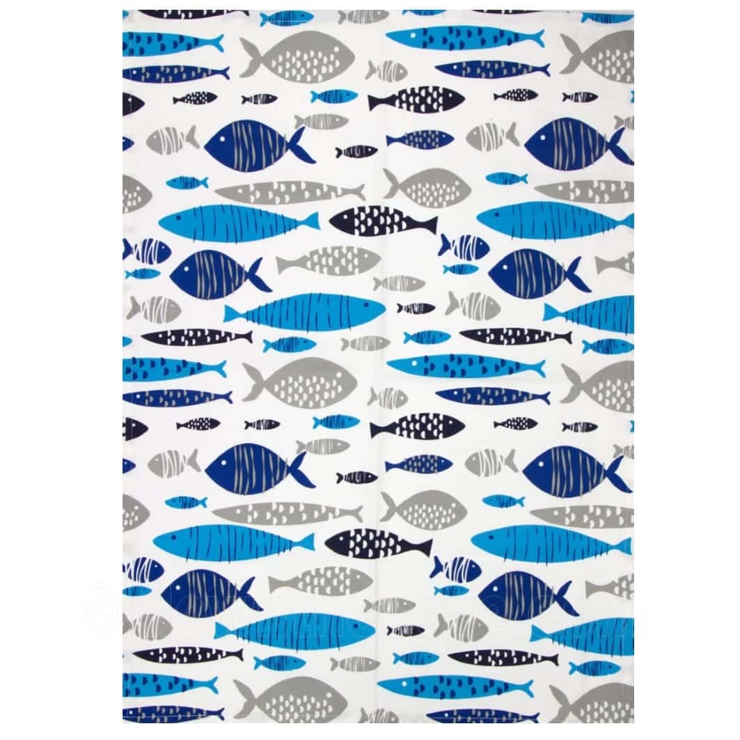 Blue fish design cotton tea towel with a bold coastal print from Down The Cove