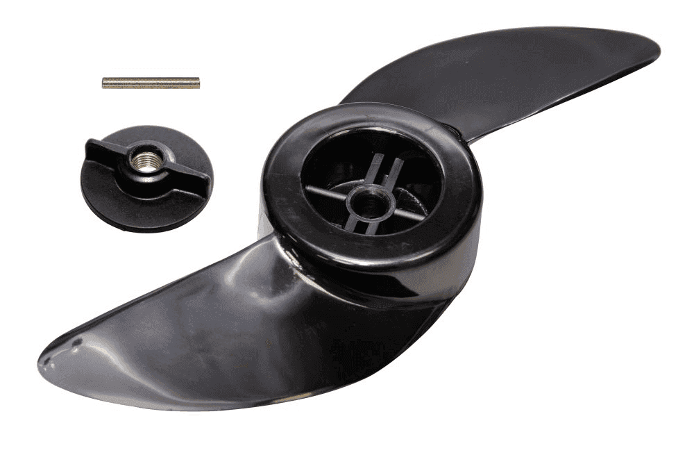 Rhino 2 blade black propeller for the VX34 electric outboard, with its nut and shear pin laid beside it