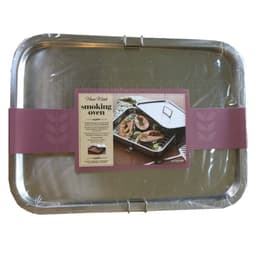 Kitchen Craft stainless steel smoking oven in shrink wrap with a pink product sleeve showing a smoked salmon dish