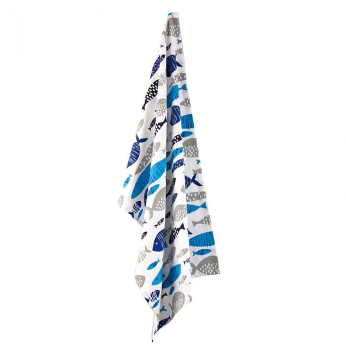 Blue Fish Design Tea Towel hanging from a corner, showing the blue, grey and white fish print