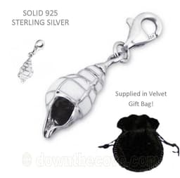 Silver conch shell charm with lobster clasp and white enamel, shown with a small inset view and a black velvet gift bag