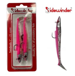 Pack of two Sidewinder Rattlebacks 4 inch 25g sandeels in pink with silver glitter, one lure shown beside the card