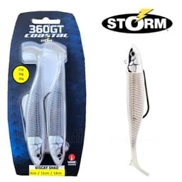 Storm 360GT Coastal Biscay Shad pack of two pearl white sandeel lures with paddle tails, beside a single lure