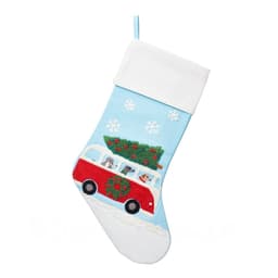 Doggie camper van Christmas stocking in pale blue with a red camper van, dogs and a tree on the roof, white cuff