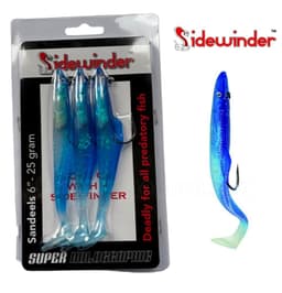 Pack of three Sidewinder Super Holographic 6 inch 25g sandeels in blue, with one shown with a green-tipped tail