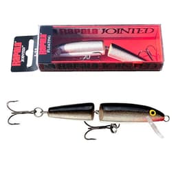 Rapala Jointed Floating J11 lure in silver, shown in its red box above the lure itself with two treble hooks