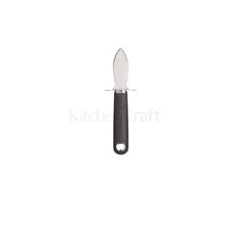 MasterClass soft grip oyster knife with a short pointed steel blade, guard and black handle with hanging hole