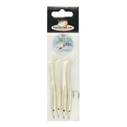 Eddystone Delta Eels 65mm pearl white pack of four soft lures with a single hook, in retail packaging