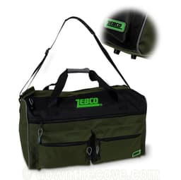 Zebco Allround Fishing Carryall Bag in green and black with front pockets, carry handles, shoulder strap and Zebco logo
