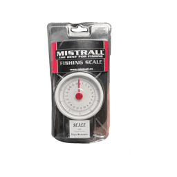 Mistrall fishing scale in blister packaging, with a round dial face and a scale and tape measure label