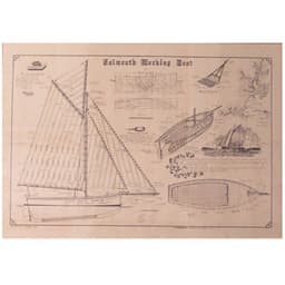 Planaship Falmouth Working Boat maritime print, a black ink plan drawing of a sailing boat on cream paper