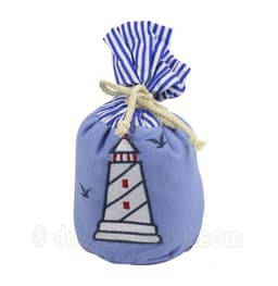 Lighthouse doorstop in blue cotton with an appliqued lighthouse and seagulls, tied at the top with rope and striped fabric
