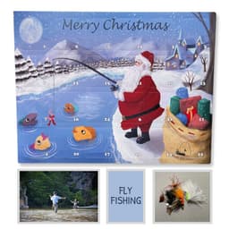 Fly Fishing Advent Calendar 2026 with a Santa fishing scene, plus thumbnails of fly fishers in a river and flies