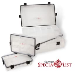 Quantum Specialist waterproof tackle boxes in three sizes, clear lids with black clips, one open showing its compartments