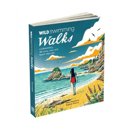 Wild Swimming Walks Cornwall book cover illustrating a woman in a red swimsuit walking toward a sea cove