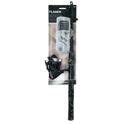 Fladen Camo Allround telescopic rod and reel combo on its backing card, with a clear tackle box clipped above the reel