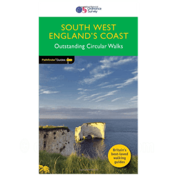 Pathfinder Guides South West England's Coast Outstanding Circular Walks cover with a sea arch and cliffs under blue sky