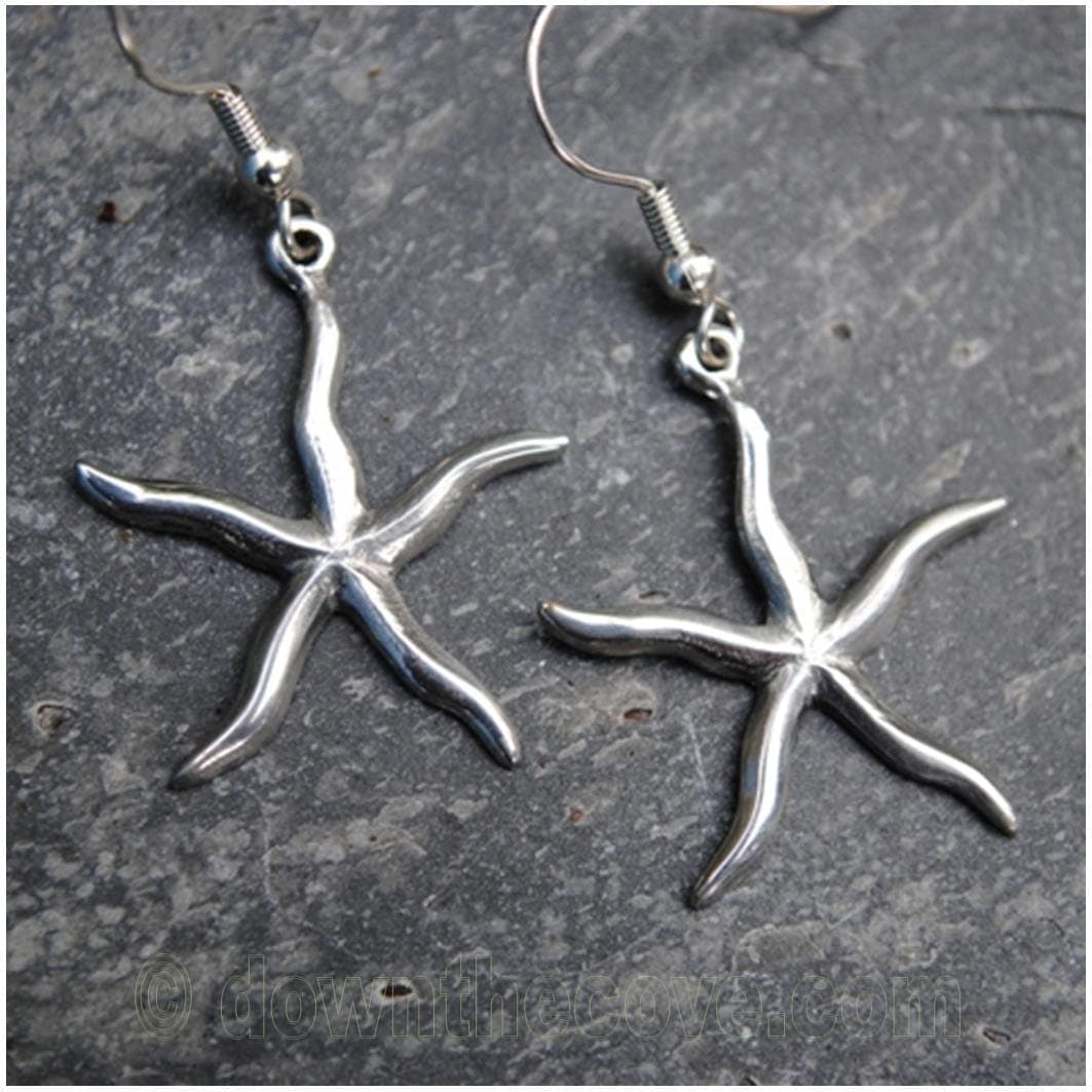 Cornish Starfish Drop Earrings Polished Pewter image 1