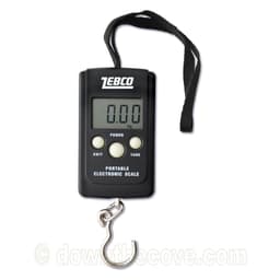 Zebco Digital 40kg pocket fishing scale with LCD display, power, unit and tare buttons, wrist strap and hook