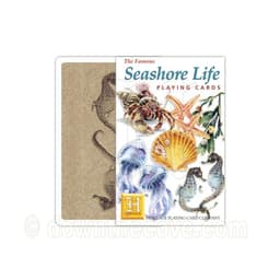 Heritage Seashore Life playing cards pack with a hermit crab, shells, jellyfish and seahorses, beside the sandy seahorse card back