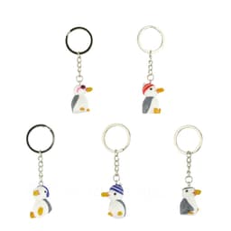 Five seagull keyrings in white and grey, each wearing a different coloured hat