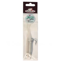 Eddystone Delta Eels 95mm white pearl pack of two soft lures with a single hook, in retail packaging
