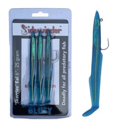 Pack of three Sidewinder Skerries Bluey 6 inch 25g eel lures in blue with green flashes, one shown beside the pack