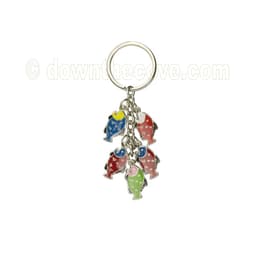 Keyring with five enamelled fish charms in blue, red and green hanging from a silver ring