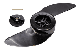 Rhino 2 blade black propeller for the VX34 electric outboard, with its nut and shear pin laid beside it