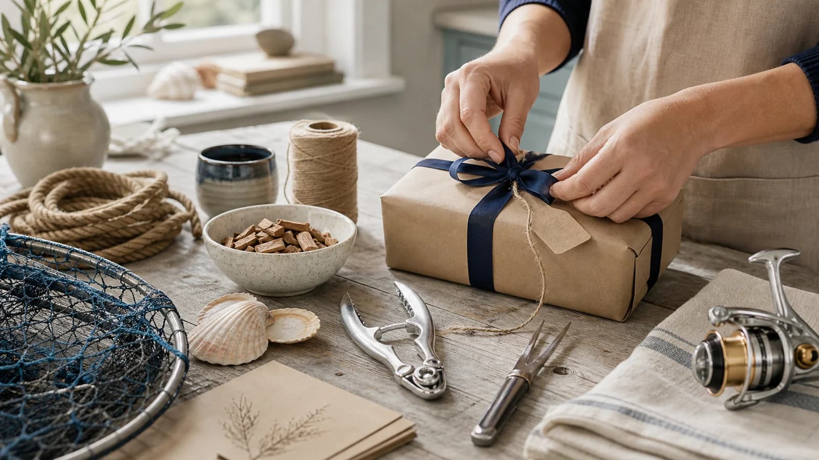 Hands carefully wrapping a premium coastal order