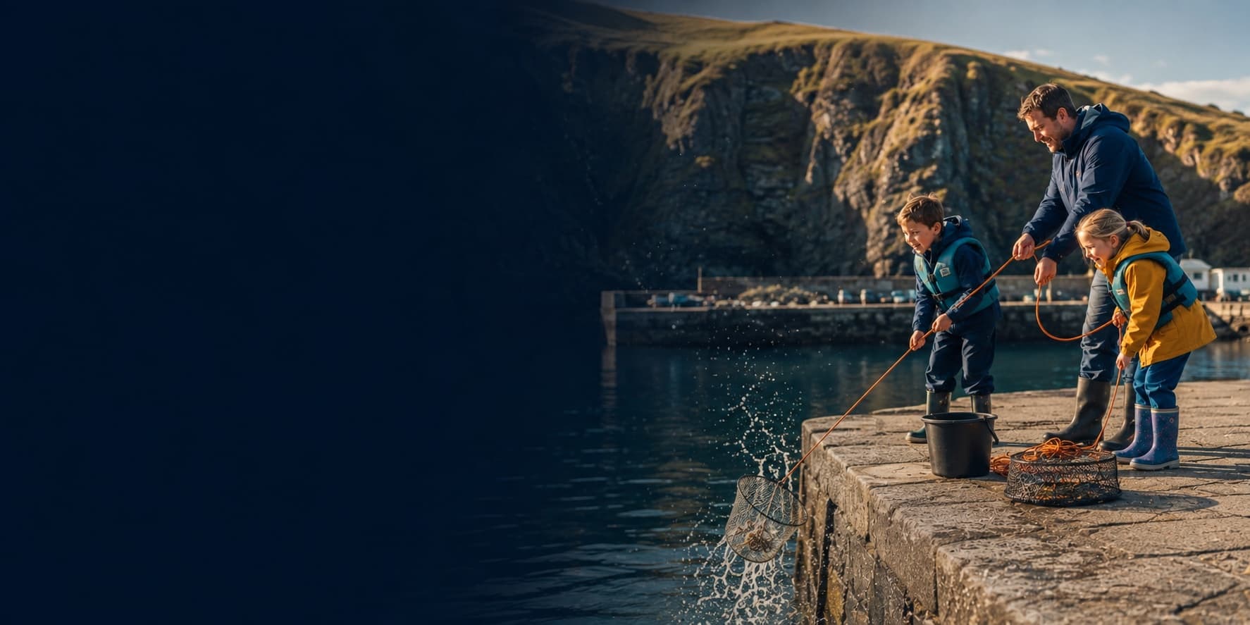 An adult helping two children crab safely beside a Cornish harbour