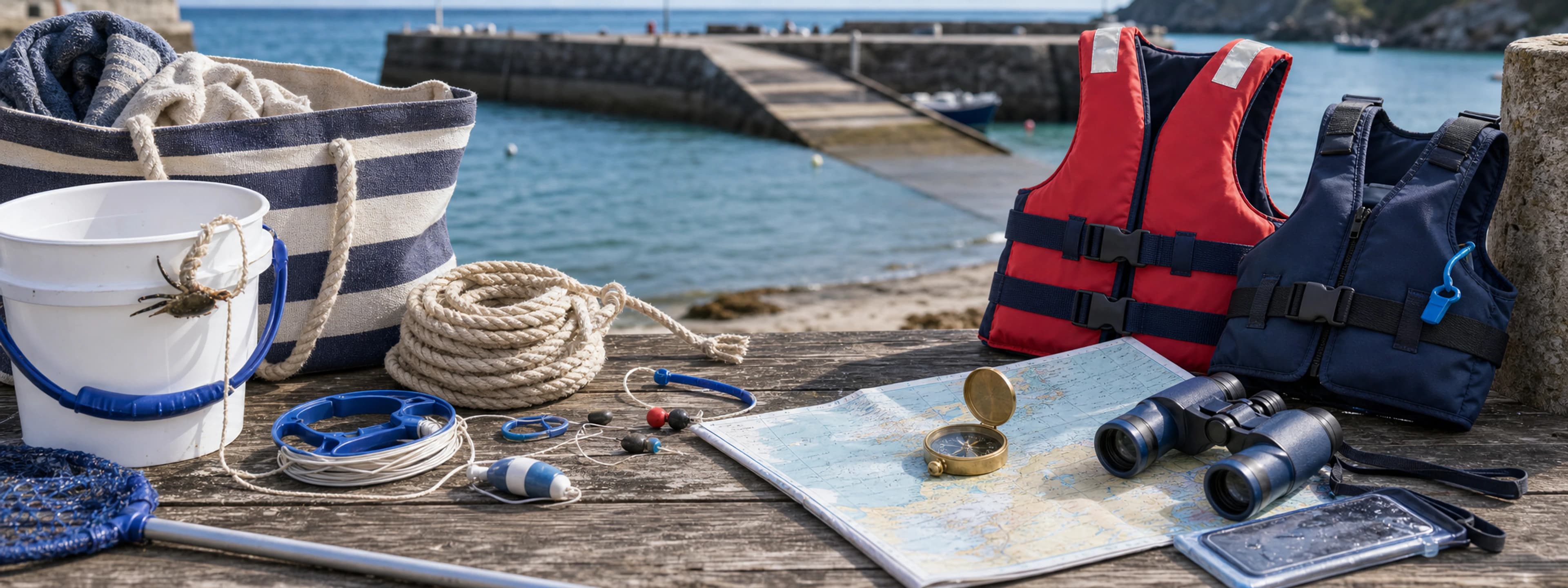 Coastal essentials with life jacket, crabbing kit, rope, map, binoculars and beach bag