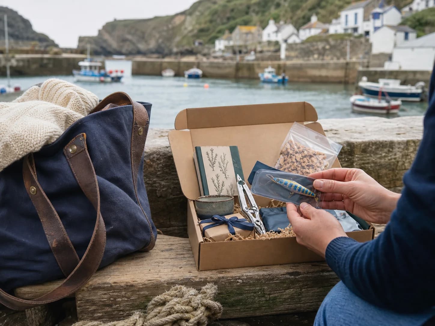 A Cove Club box being opened beside a Cornish harbour after a coastal walk