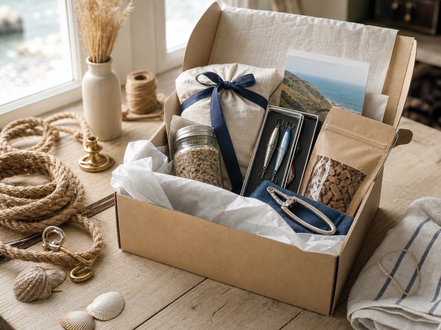 An open Cove Club coastal subscription box with fishing, seafood cookshop, foraging and food smoking products