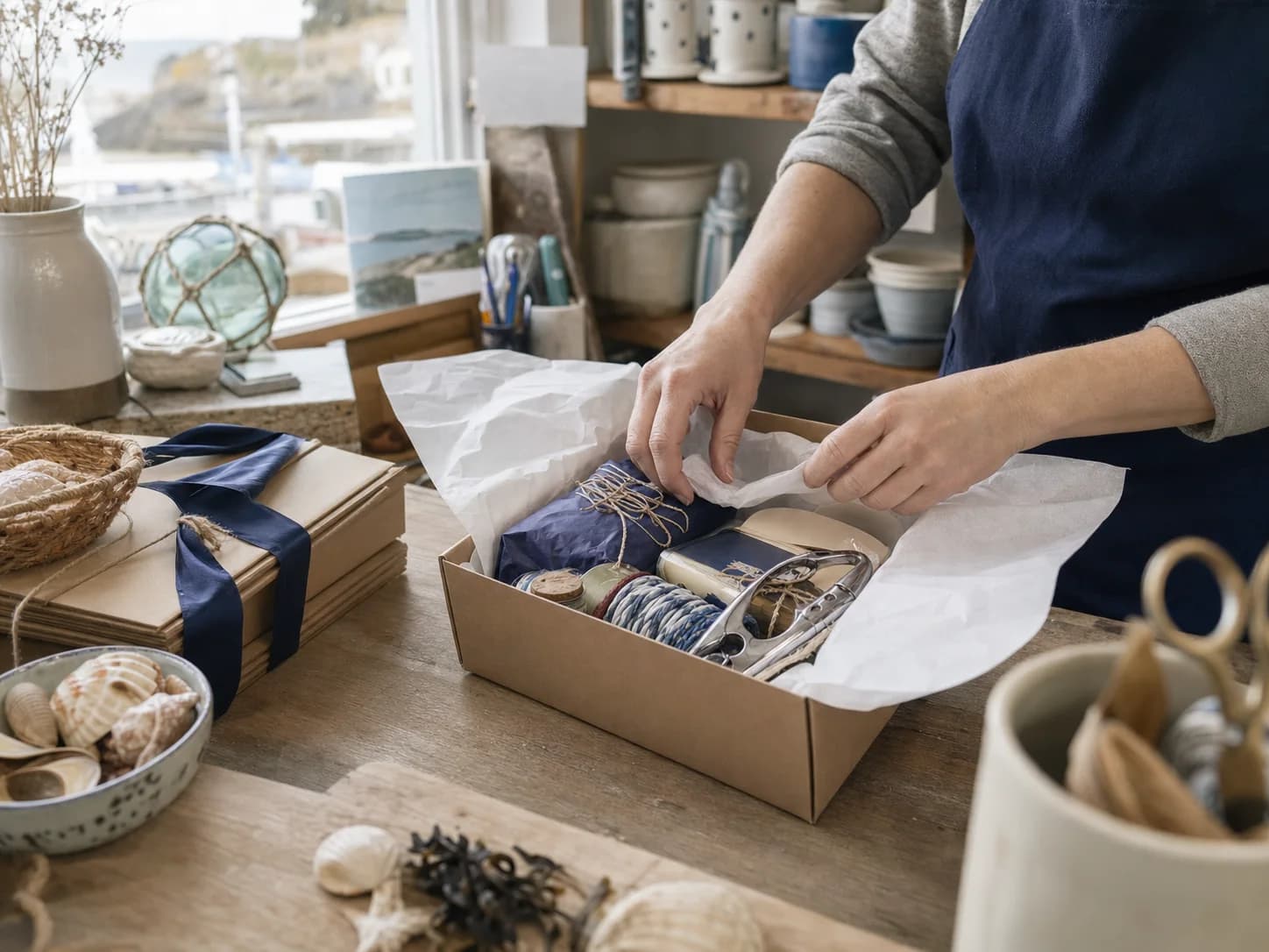 A Cove Club box being packed by hand in a small coastal shop