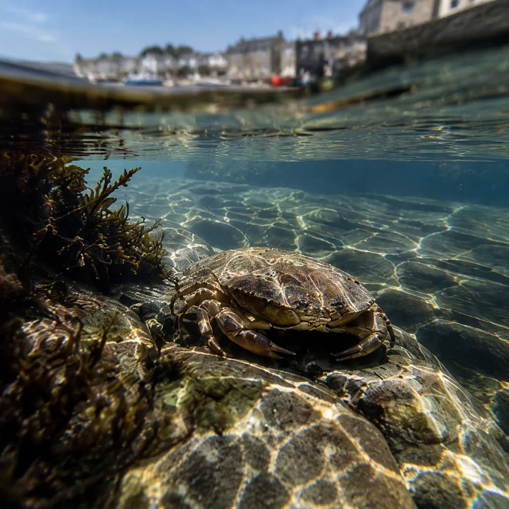 A shore crab resting in a clear shallow rockpool