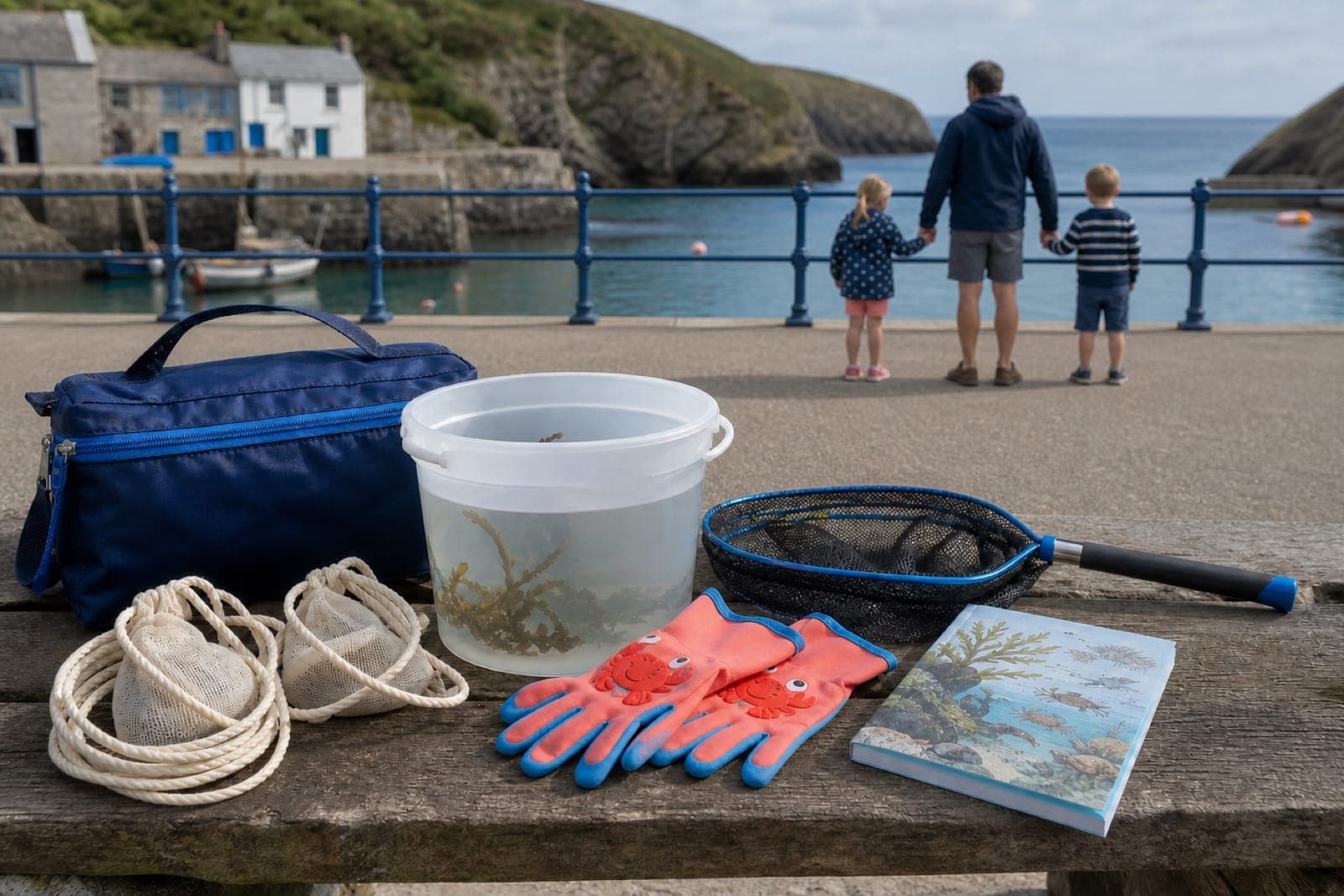 Family crabbing kit beside Mullion harbour with an adult and children checking the water