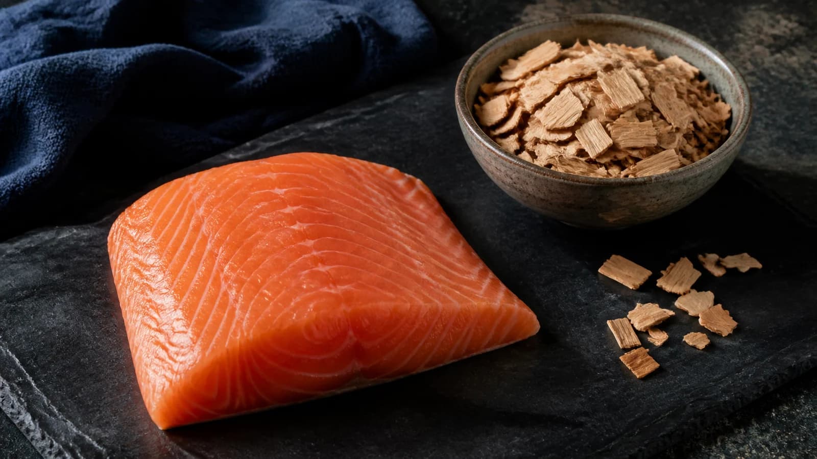 Fresh salmon fillet beside a bowl of pale alder smoking chips