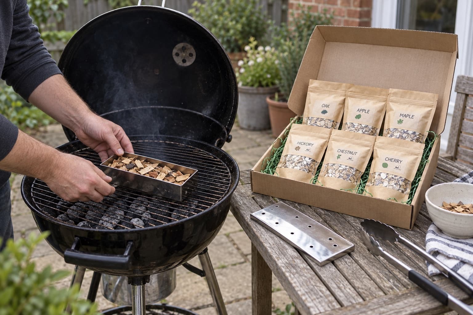 BBQ wood chip variety pack beside a kettle barbecue as a smoker box is loaded
