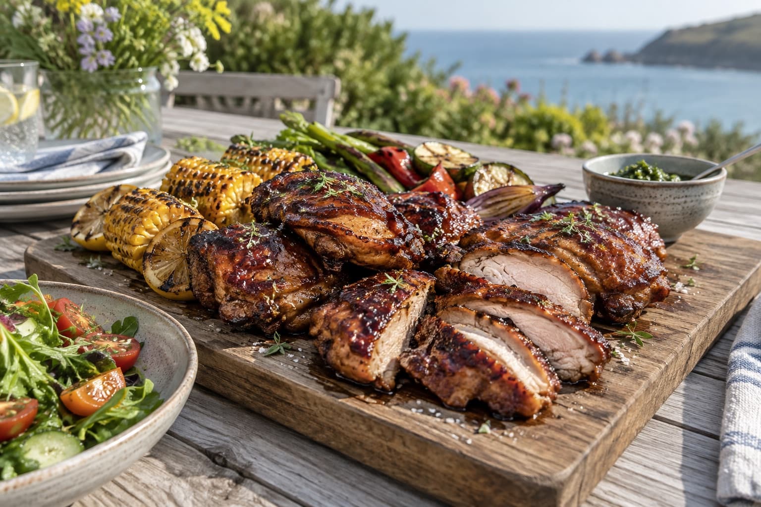 Glazed smoked meat served with charred corn and vegetables on an outdoor table by the coast