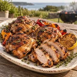 Serving inspiration: barbecued chicken with grilled peppers and lemon on a platter